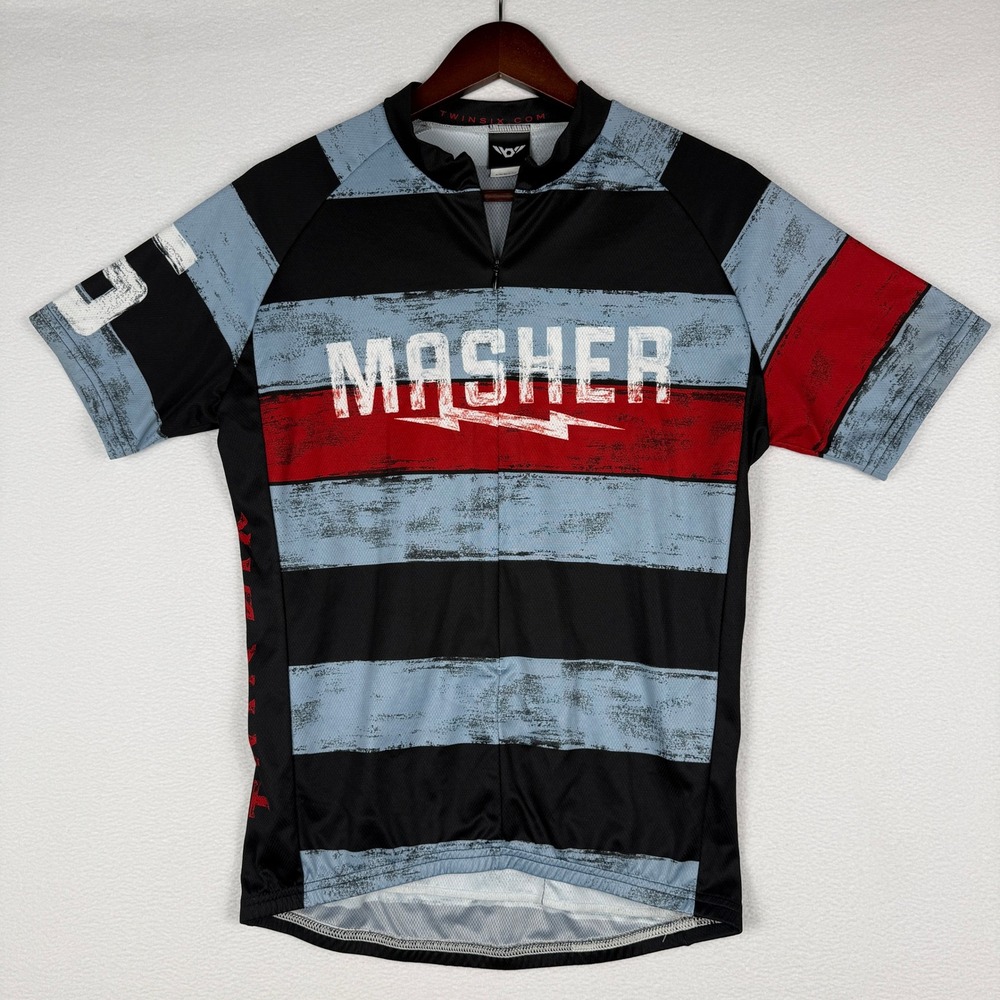 Twin Six Masher Cycling Jersey Mens L Blue Black Striped 3/4 Zip Back Pockets